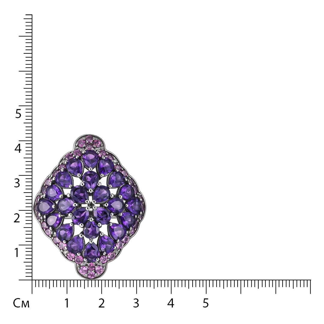Серебряное кольцо 925 пробы; родий черный; вставки 24 Аметист 7,2 ct; 38 Родолит 1,9 ct;