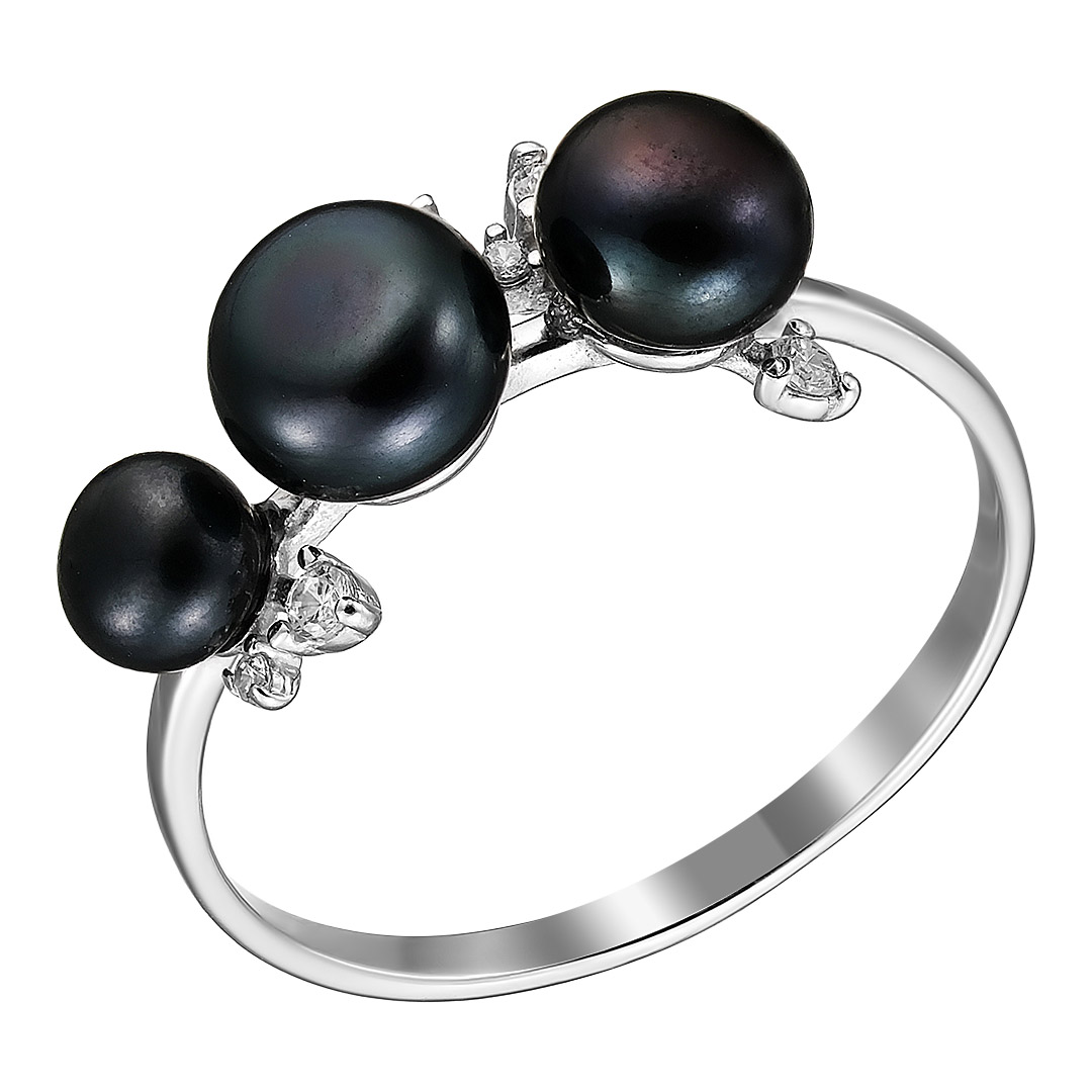 Серебряное кольцо 925 пробы; вставки 3 Жемчуг культ. черный; 6 Фианит бесцв;