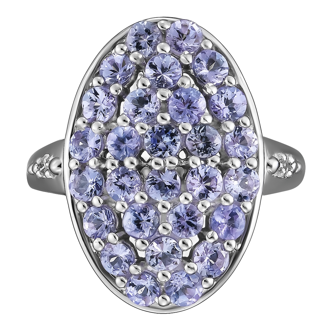 Серебряное кольцо 925 пробы; вставки 28 Танзанит 3,22 ct; 2 Бр.Кр-17 3/2А 0,03 ct;