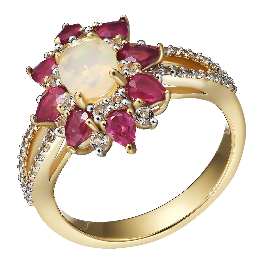 Серебряное кольцо 925 пробы; вставки 8 Рубин F/2 1,6 ct; 1 Опал бел. 0,65 ct; 56 Топаз бел. 0,74 ct;