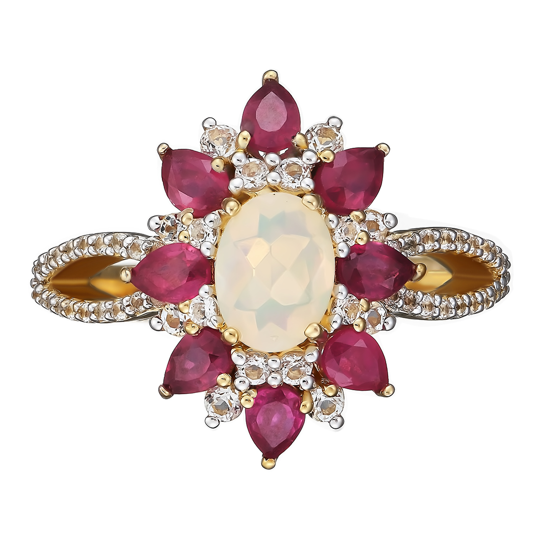 Серебряное кольцо 925 пробы; вставки 8 Рубин F/2 1,6 ct; 1 Опал бел. 0,65 ct; 56 Топаз бел. 0,74 ct;