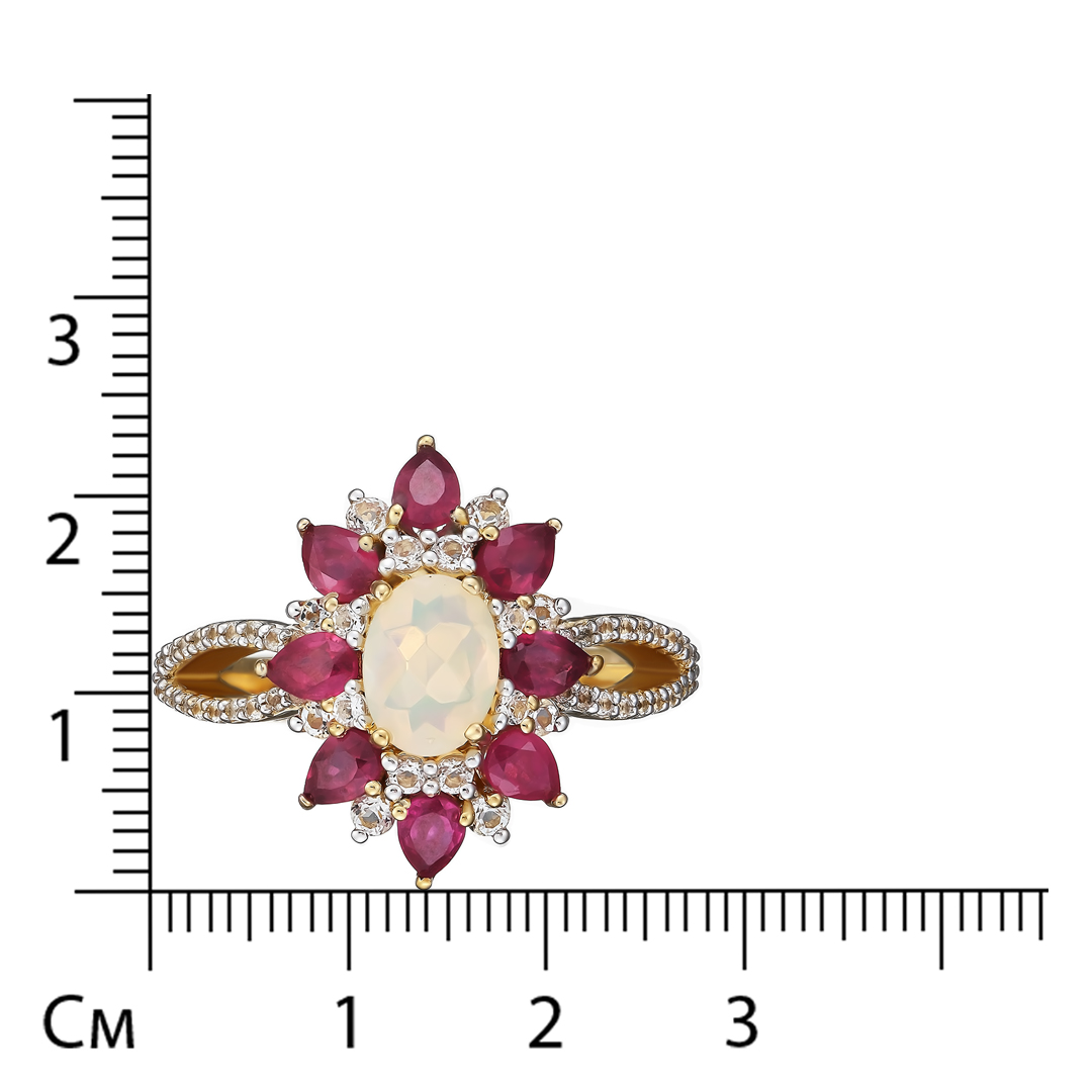 Серебряное кольцо 925 пробы; вставки 8 Рубин F/2 1,6 ct; 1 Опал бел. 0,65 ct; 56 Топаз бел. 0,74 ct;