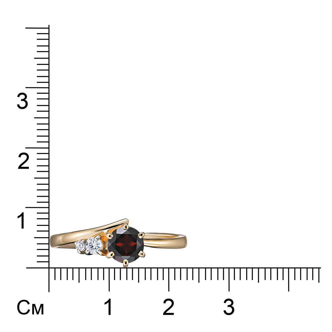 Золотое кольцо 585 пробы; родий; вставки 1 Гранат; 2 Фианит бесцв.;
