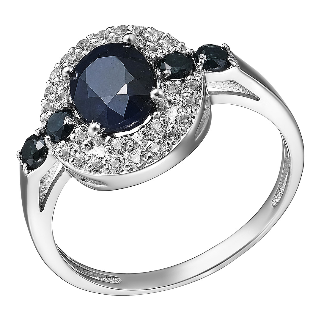 Серебряное кольцо 925 пробы; вставки 1 Сапфир 1,547 U/2; 4 Сапфир 0,353 U/2; 32 Топаз белый;