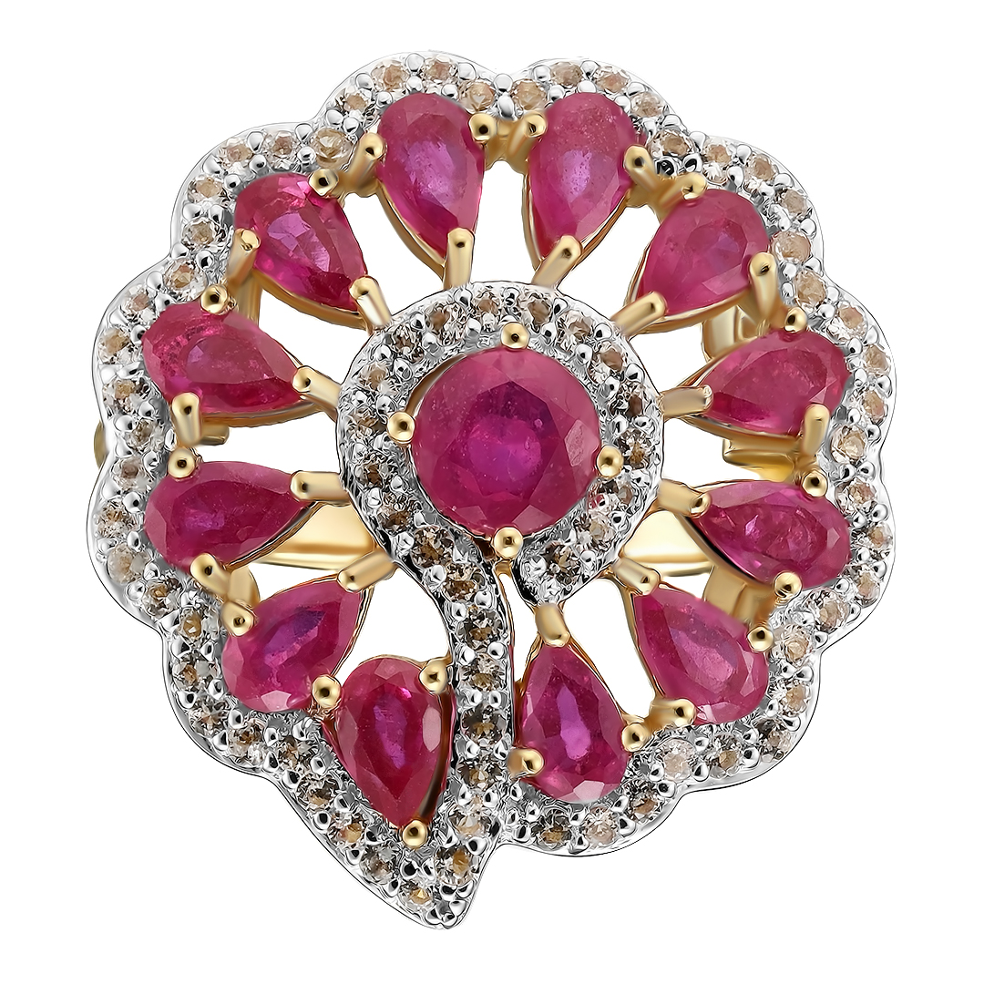 Серебряное кольцо 925 пробы; вставки 13 Рубин F/2 3,85 ct; Россыпь Топаз белый 1,14 ct;