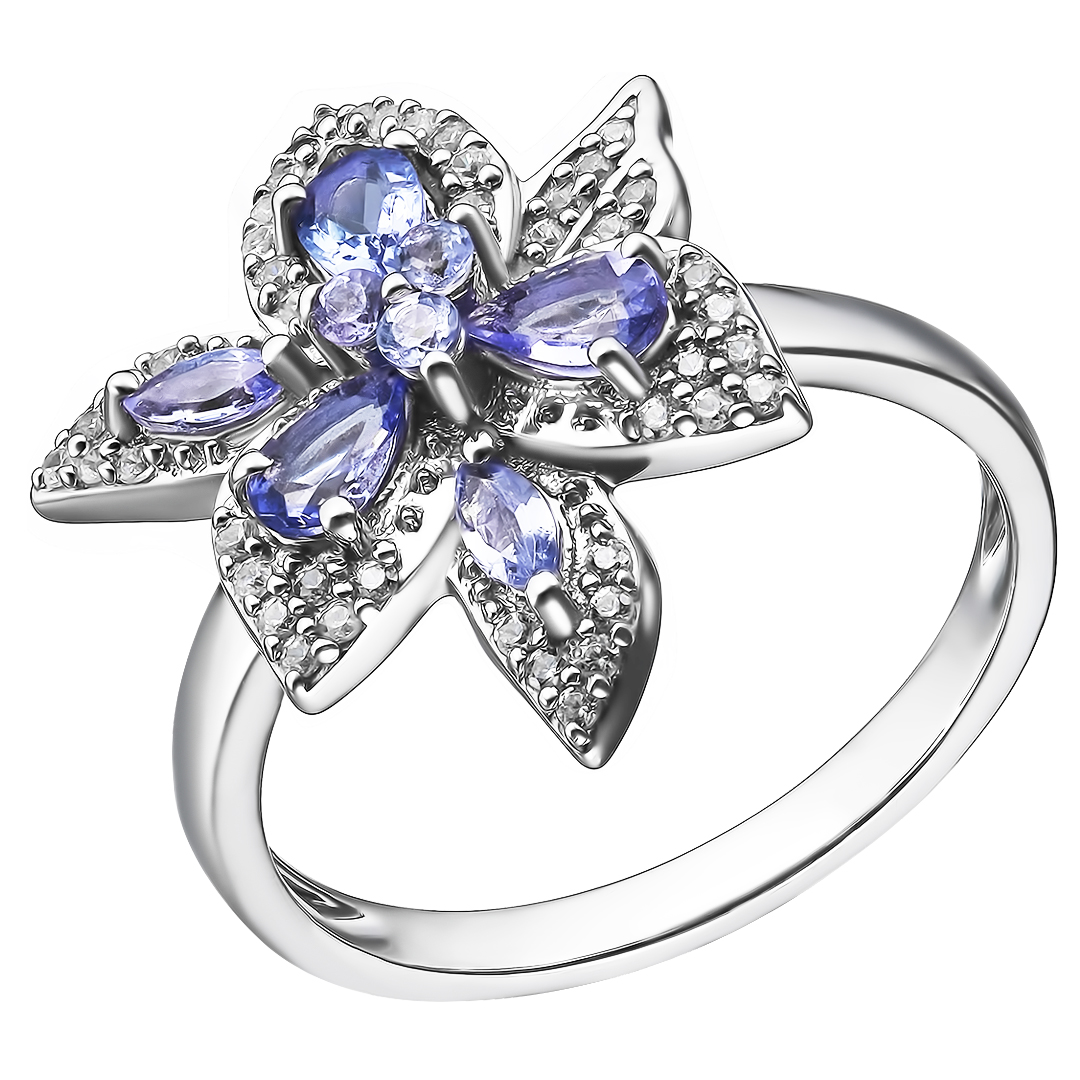Серебряное кольцо 925 пробы; вставки 8 Танзанит 0,952 ct; 47 Циркон бесцв. 0,317 ct;
