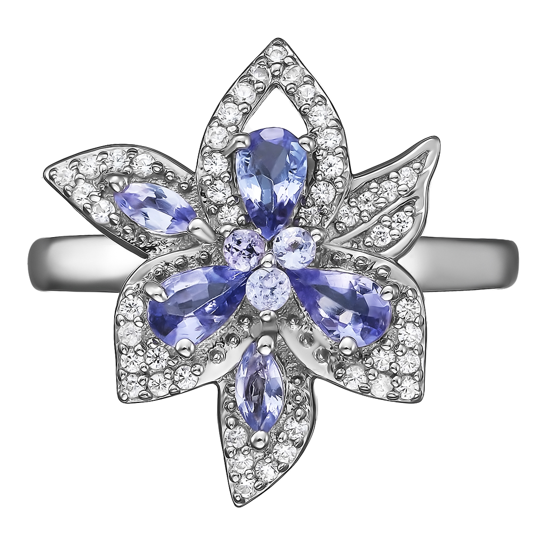 Серебряное кольцо 925 пробы; вставки 8 Танзанит 0,952 ct; 47 Циркон бесцв. 0,317 ct;