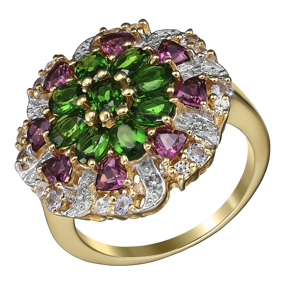 Серебряное кольцо 925 пробы; вставки 9 Хромдиопсид 1,66ct; 8 Родолит 1,13ct; 8 Танзанит 0,28ct; 16 Ц