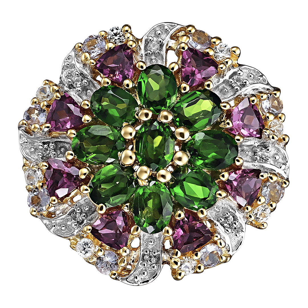 Серебряное кольцо 925 пробы; вставки 9 Хромдиопсид 1,66ct; 8 Родолит 1,13ct; 8 Танзанит 0,28ct; 16 Ц