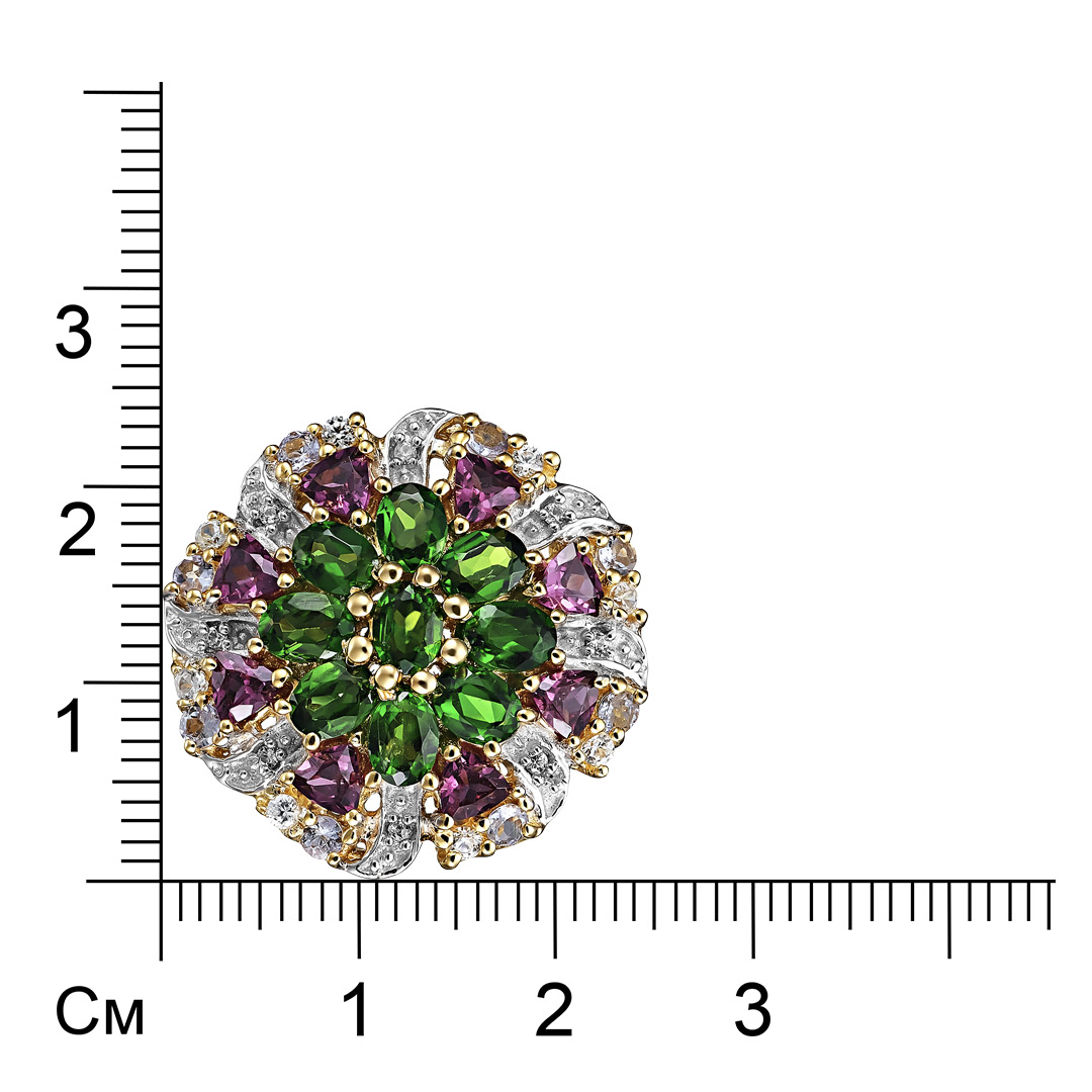 Серебряное кольцо 925 пробы; вставки 9 Хромдиопсид 1,66ct; 8 Родолит 1,13ct; 8 Танзанит 0,28ct; 16 Ц