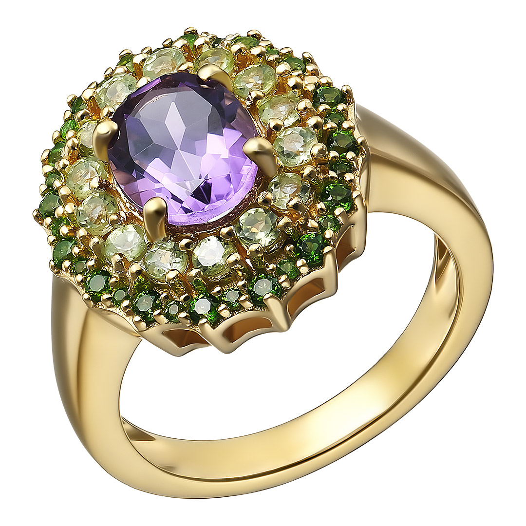Серебряное кольцо 925 пробы; вставки 1 Аметист 1,62ct; 14 Перидот 0,53ct; 32 Хромдиопсид 0,35ct;