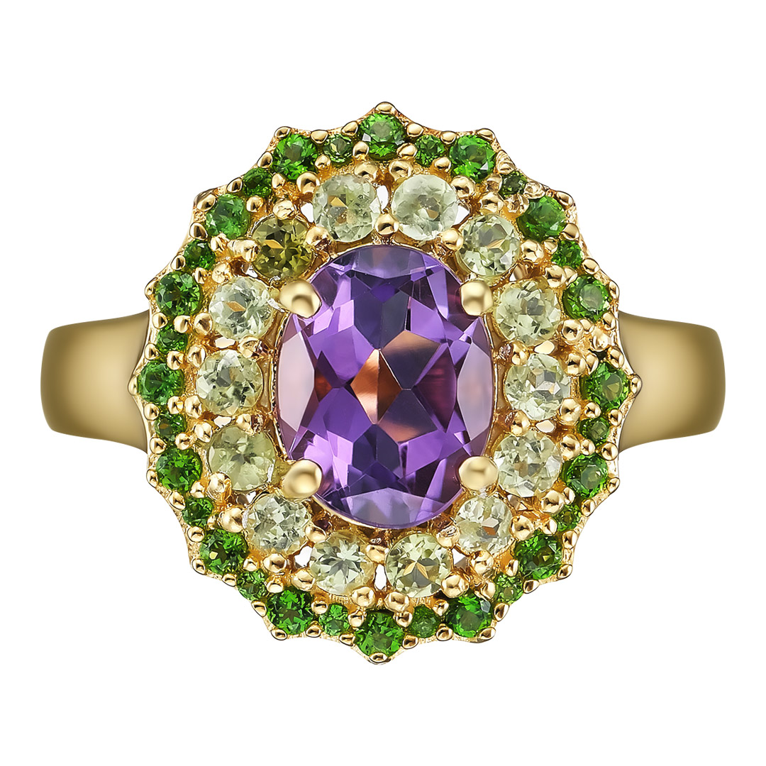 Серебряное кольцо 925 пробы; вставки 1 Аметист 1,62ct; 14 Перидот 0,53ct; 32 Хромдиопсид 0,35ct;