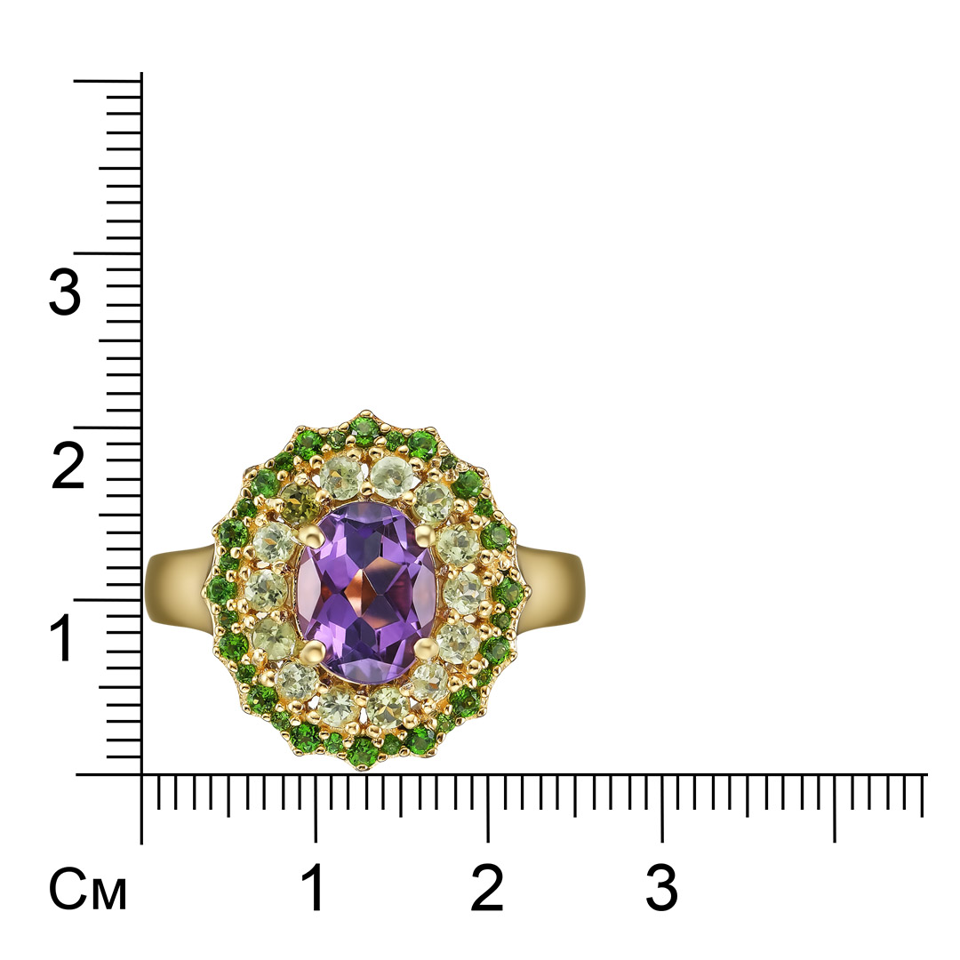 Серебряное кольцо 925 пробы; вставки 1 Аметист 1,62ct; 14 Перидот 0,53ct; 32 Хромдиопсид 0,35ct;