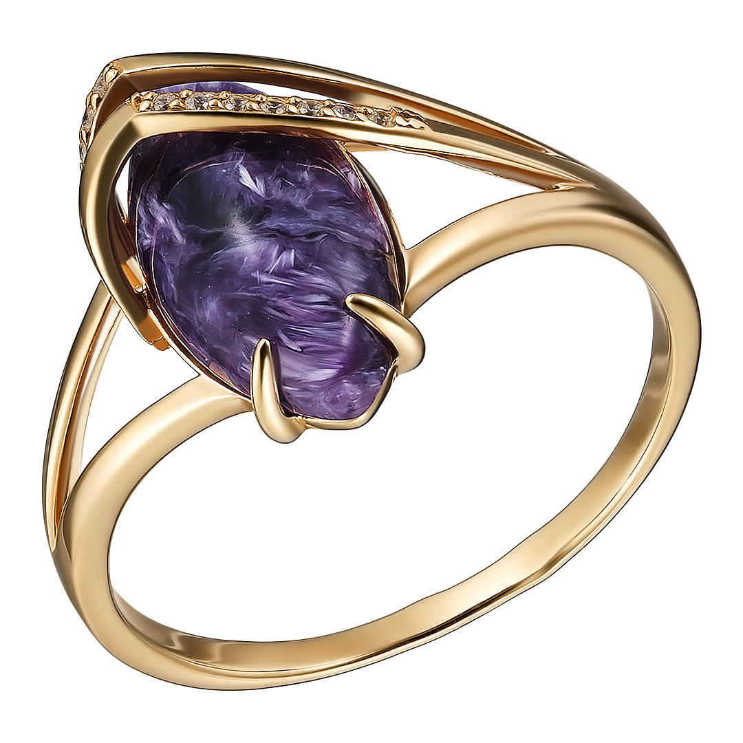 Серебряное кольцо 925 пробы; вставки 1 Чароит; 12 Фианит бесцв.;