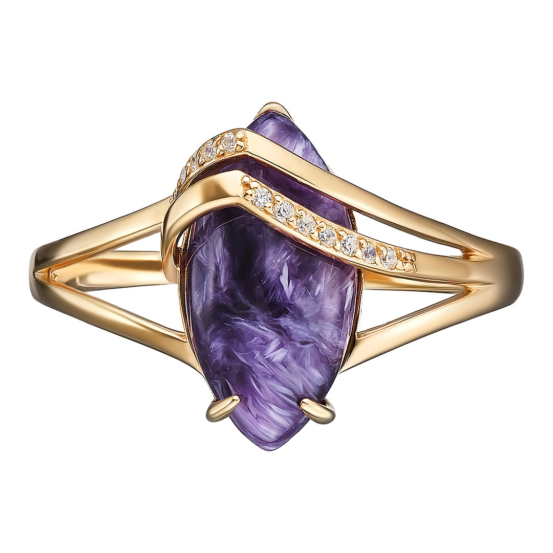 Серебряное кольцо 925 пробы; вставки 1 Чароит; 12 Фианит бесцв.;