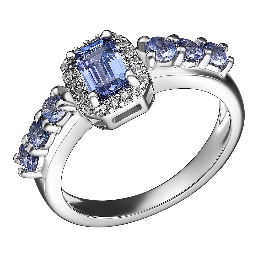 Серебряное кольцо 925 пробы; вставки 7 Танзанит 1,0925 ct; 20 Циркон бесцв. 0,14 ct;