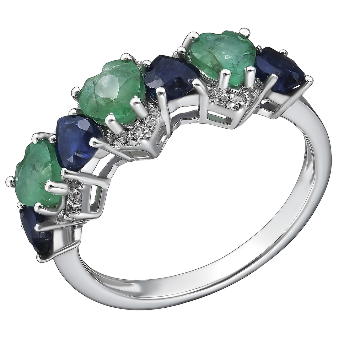 Серебряное кольцо 925 пробы; вставки 3 Изумруд (F) 3/3 1,35 ct; 4 Сапфир U/2 1,36ct; 36 Топаз 0,14ct