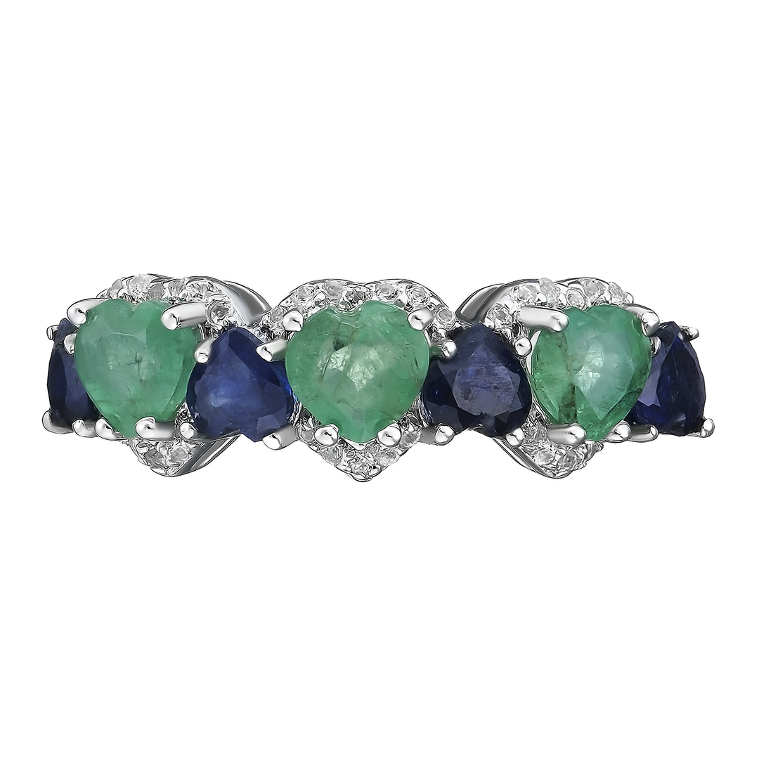 Серебряное кольцо 925 пробы; вставки 3 Изумруд (F) 3/3 1,35 ct; 4 Сапфир U/2 1,36ct; 36 Топаз 0,14ct