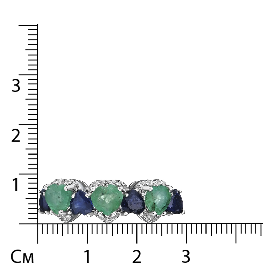 Серебряное кольцо 925 пробы; вставки 3 Изумруд (F) 3/3 1,35 ct; 4 Сапфир U/2 1,36ct; 36 Топаз 0,14ct