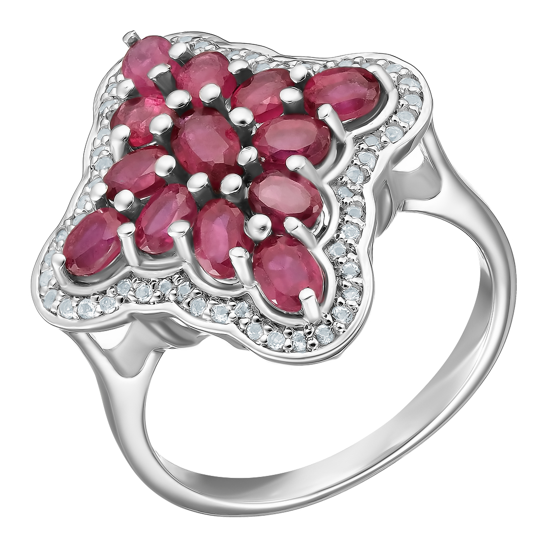Серебряное кольцо 925 пробы; вставки 13 Рубин F/2 2,92 ct; 56 Топаз белый 0,28 ct;