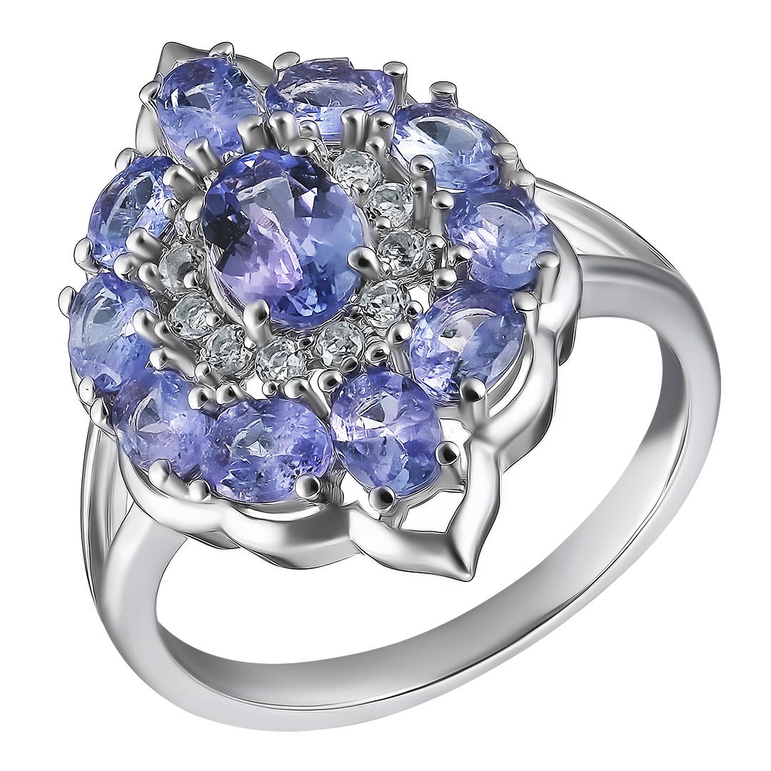 Серебряное кольцо 925 пробы; вставки 11 Танзанит 2,455 ct; 12 Топаз белый 0,19 ct;
