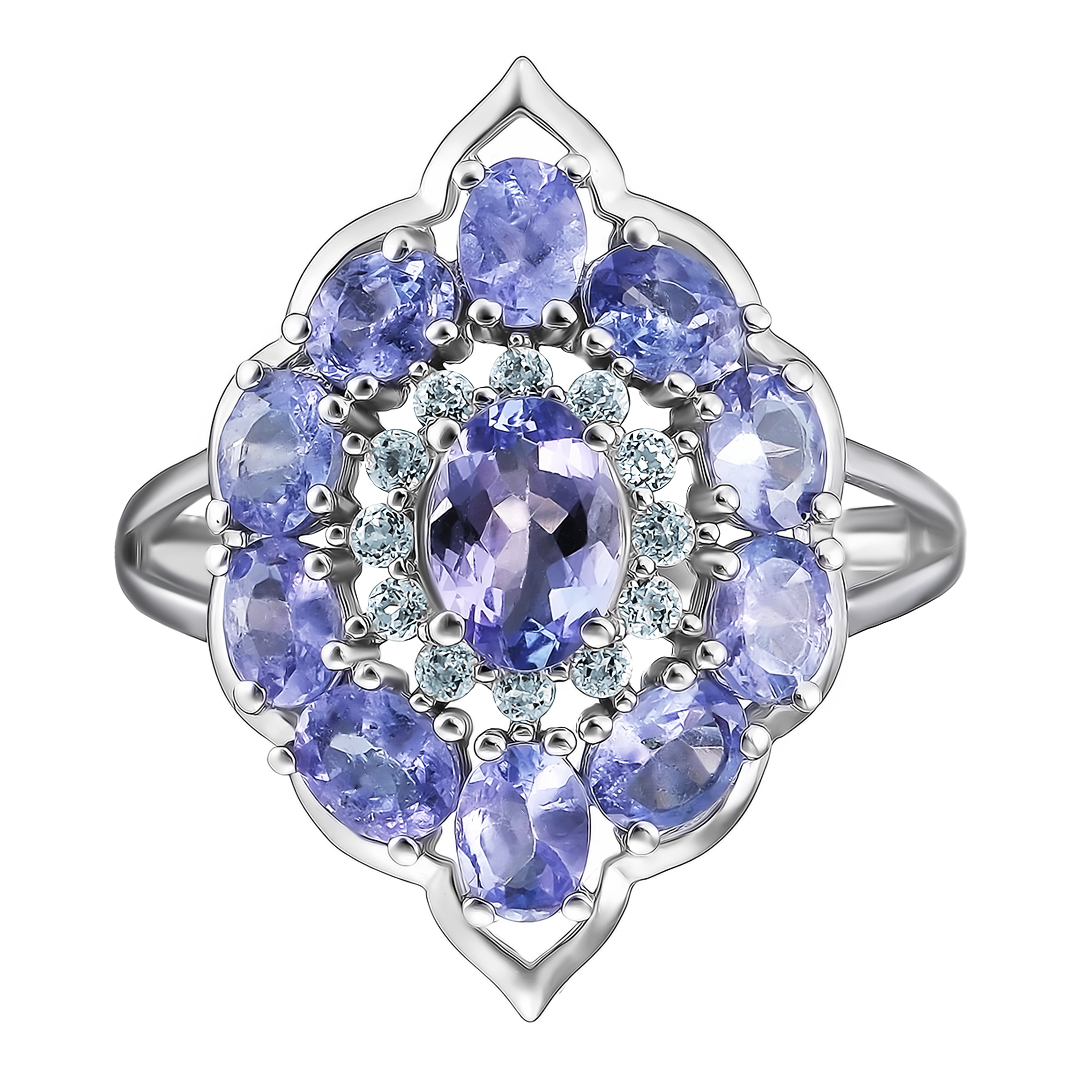 Серебряное кольцо 925 пробы; вставки 11 Танзанит 2,455 ct; 12 Топаз белый 0,19 ct;