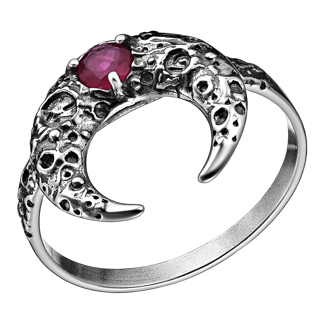 Серебряное кольцо 925 пробы; оксидирование; "Лунница"; вставки 1 Рубин 0,346 F/2;