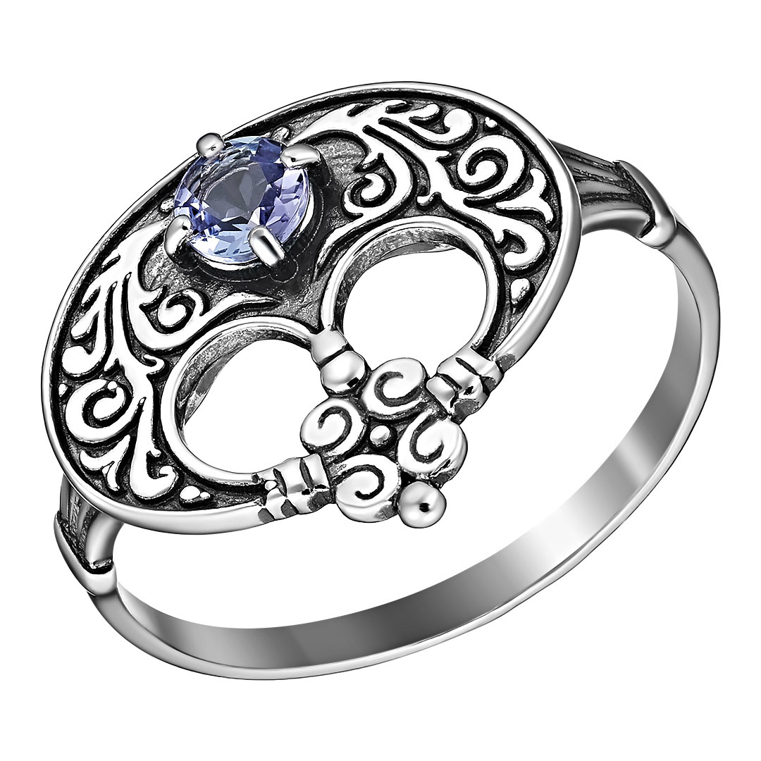 Серебряное кольцо 925 пробы; оксидирование; "Лунница"; вставки 1 Танзанит;