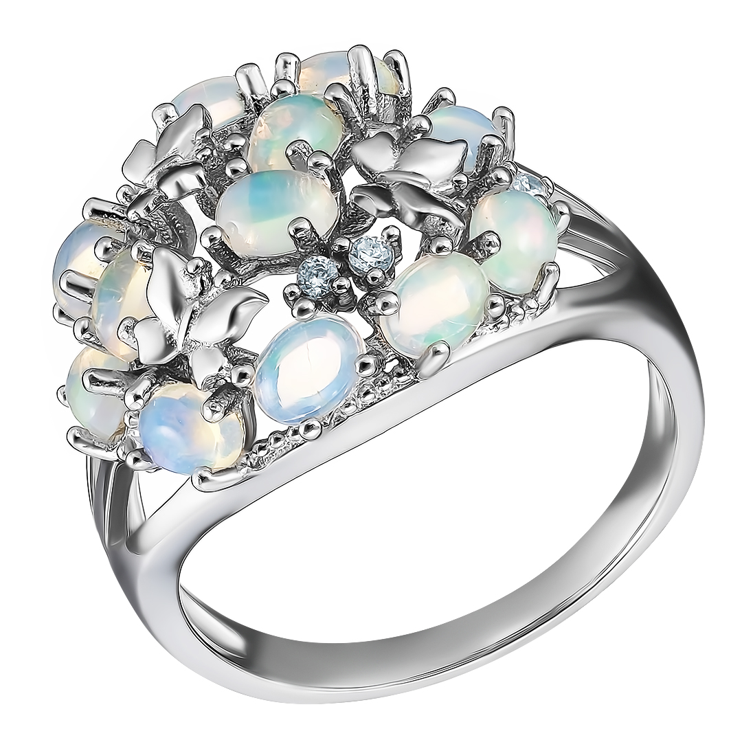 Серебряное кольцо 925 пробы; вставки 12 Опал 1,404 ct; 5 Топаз белый 0,08 ct;