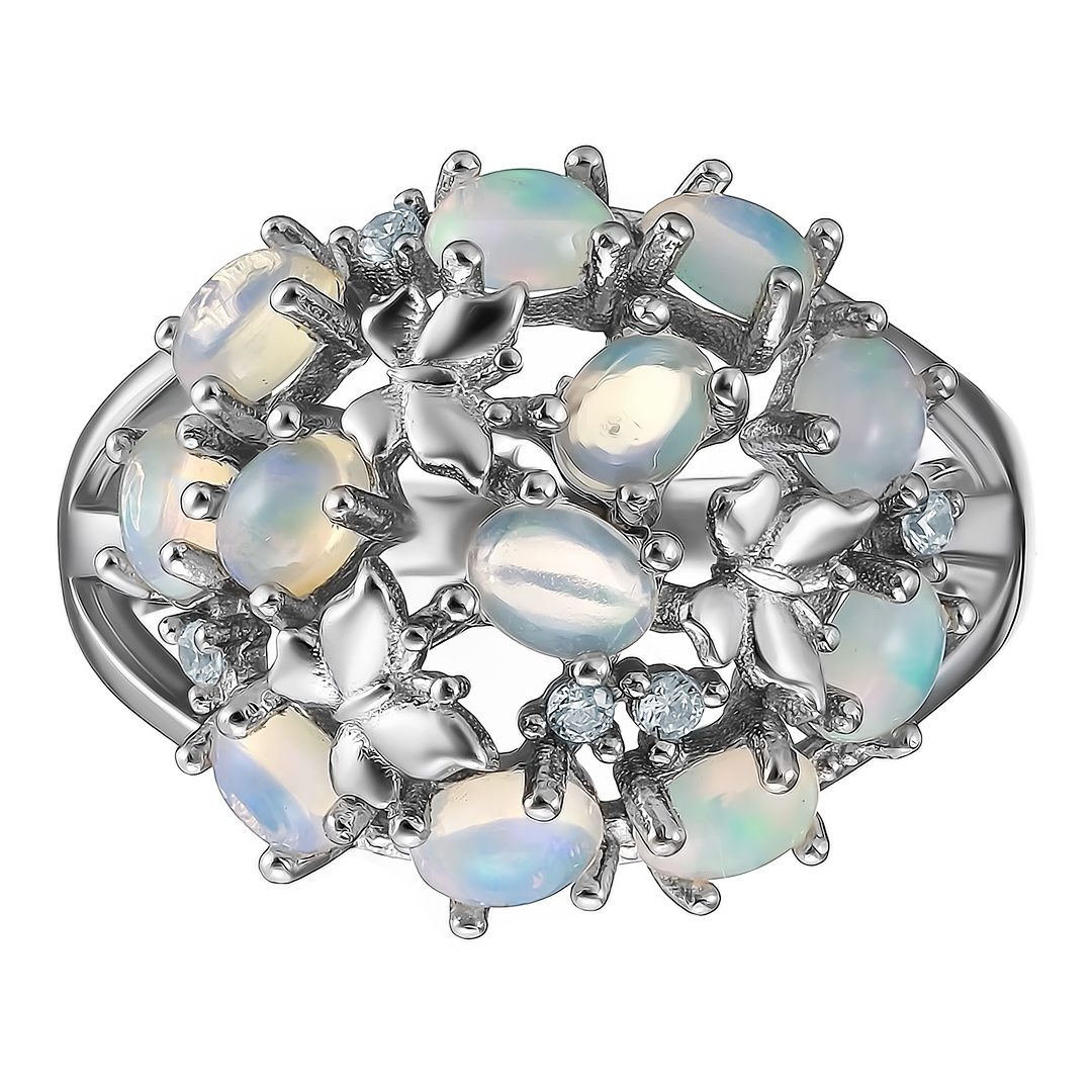 Серебряное кольцо 925 пробы; вставки 12 Опал 1,404 ct; 5 Топаз белый 0,08 ct;