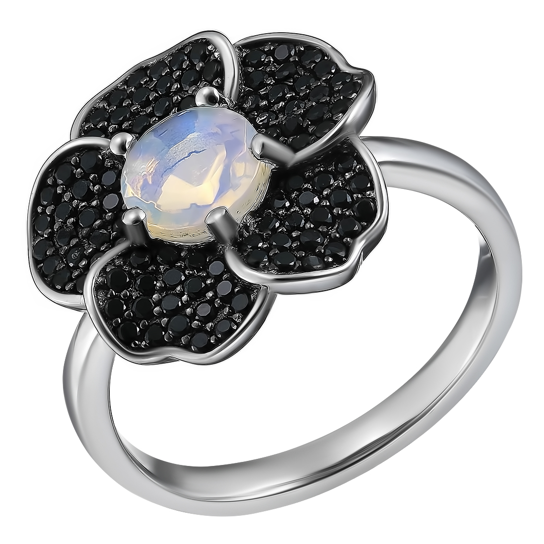 Серебряное кольцо 925 пробы; родий (бел.,черн.); вставки 1 Опал белый 0,54ct; 90 Шпинель черная 0,72