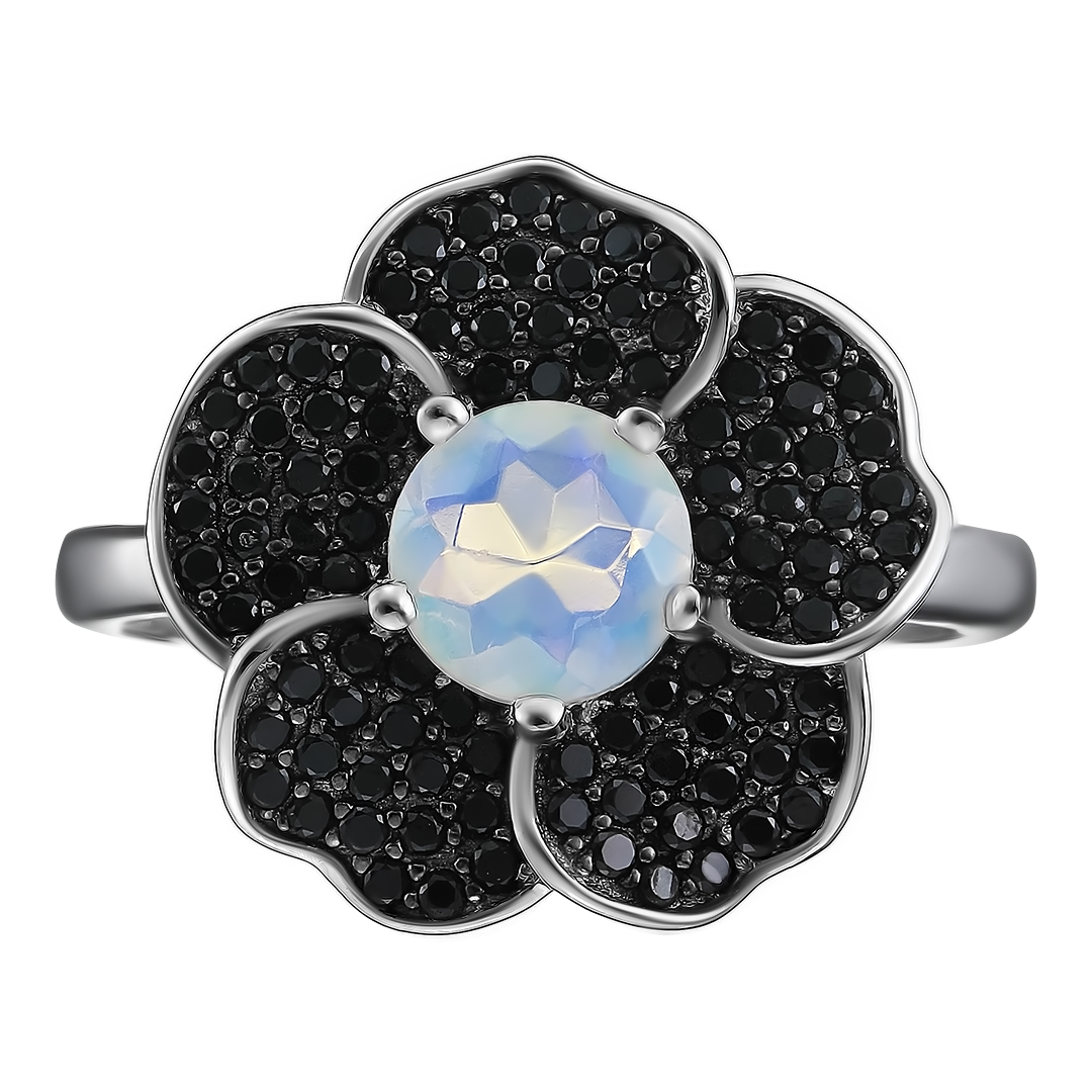 Серебряное кольцо 925 пробы; родий (бел.,черн.); вставки 1 Опал белый 0,54ct; 90 Шпинель черная 0,72