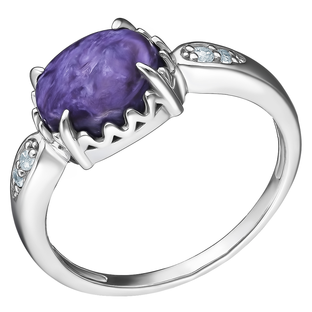 Серебряное кольцо 925 пробы; вставки 1 Чароит; 4 Фианит бесцв.;