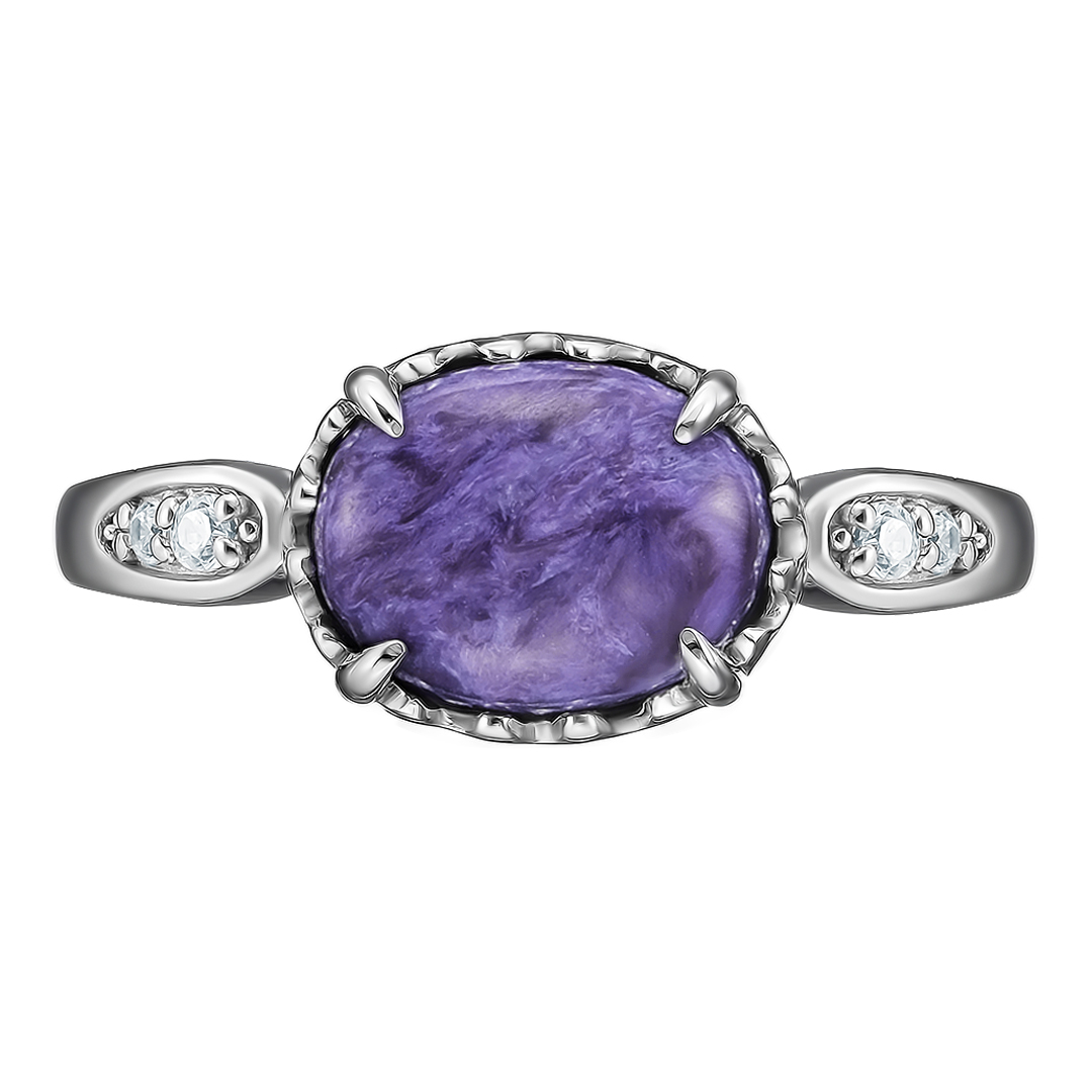 Серебряное кольцо 925 пробы; вставки 1 Чароит; 4 Фианит бесцв.;