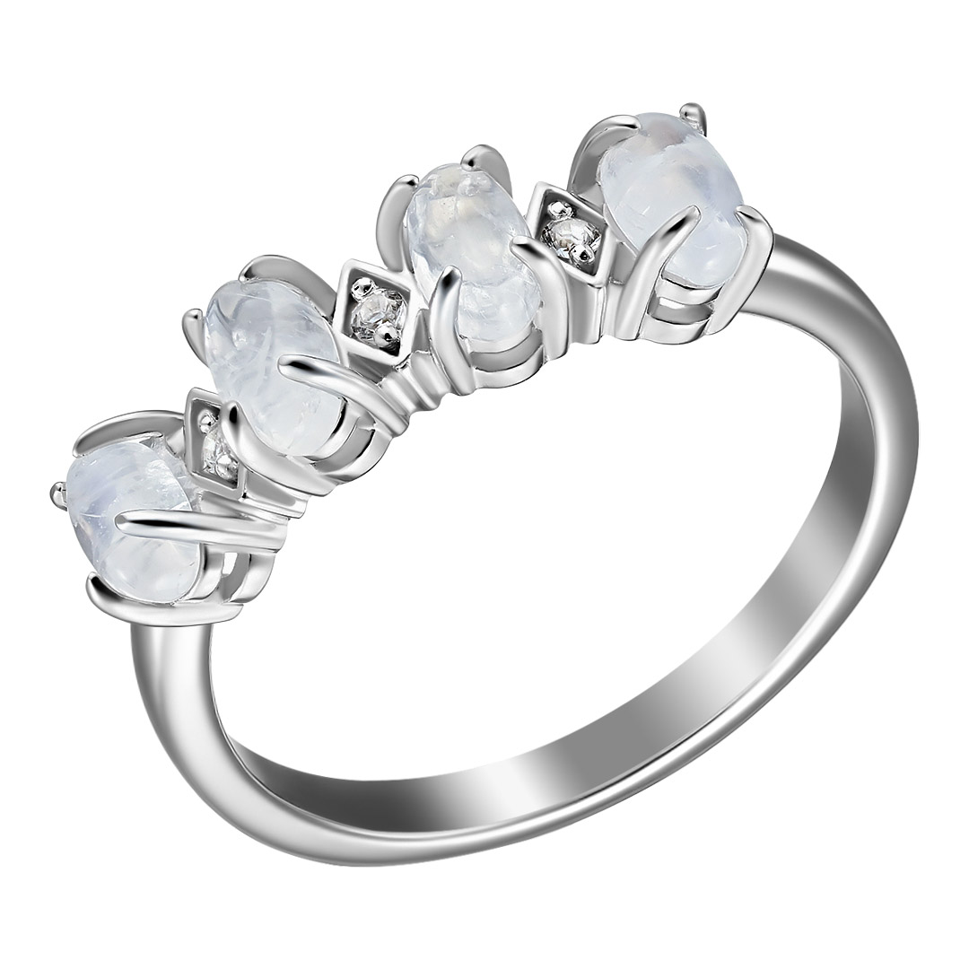 Серебряное кольцо 925 пробы; вставки 4 Лунный камень; 3 Топаз бесцв.;