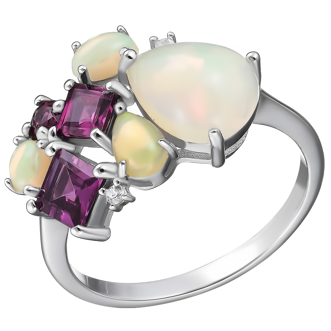 Серебряное кольцо 925 пробы; вставки 4 Опал белый 2,009ct; 3 Родолит 1,411ct; 2 Фианит бесцв.;