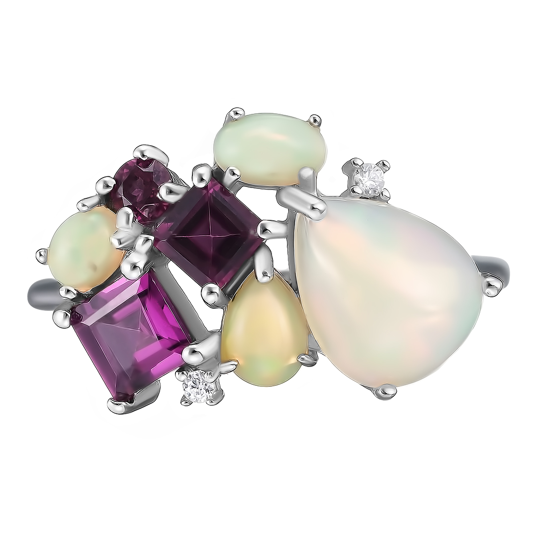 Серебряное кольцо 925 пробы; вставки 4 Опал белый 2,009ct; 3 Родолит 1,411ct; 2 Фианит бесцв.;
