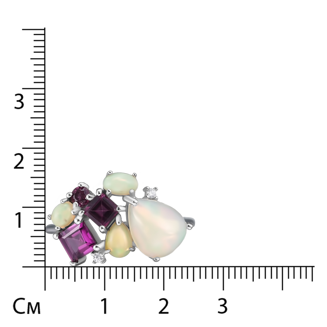 Серебряное кольцо 925 пробы; вставки 4 Опал белый 2,009ct; 3 Родолит 1,411ct; 2 Фианит бесцв.;