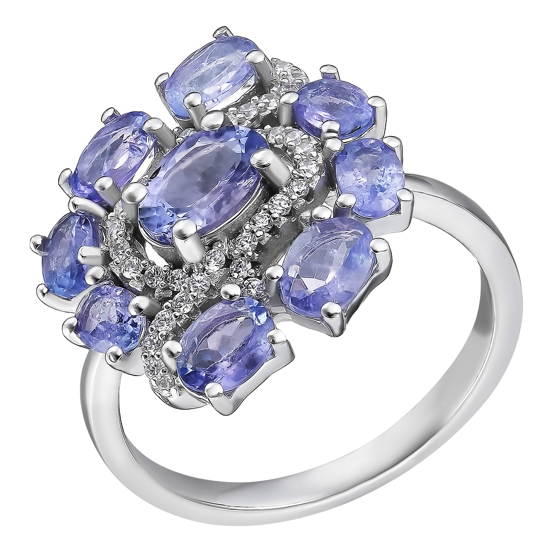 Серебряное кольцо 925 пробы; вставки 9 Танзанит 2,88 ct; 36 Топаз белый 0,29 ct;