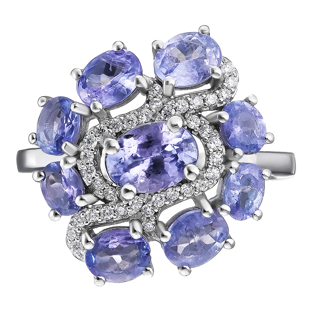 Серебряное кольцо 925 пробы; вставки 9 Танзанит 2,88 ct; 36 Топаз белый 0,29 ct;