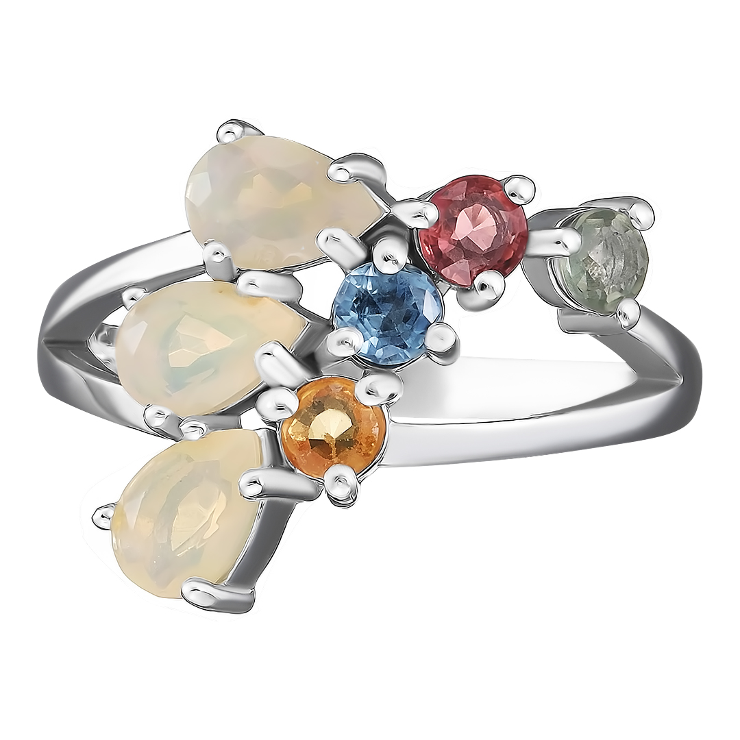 Серебряное кольцо 925 пробы; вставки 3 Опал бел. 0,849 ct; 4 Сапфир разноцв. 0,788 ct;