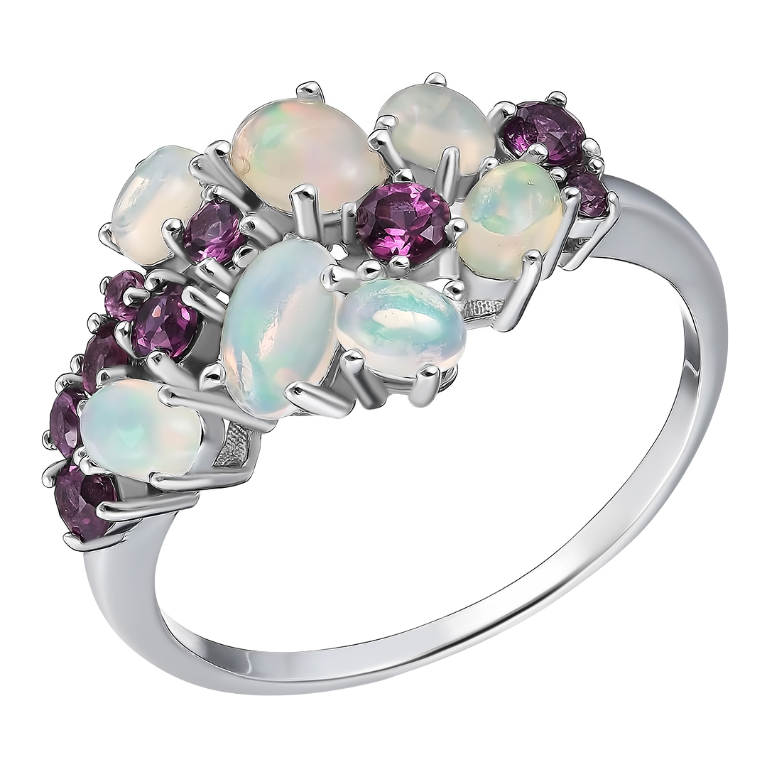 Серебряное кольцо 925 пробы; вставки 7 Опал белый 1,2 ct; 9 Родолит 0,58 ct;