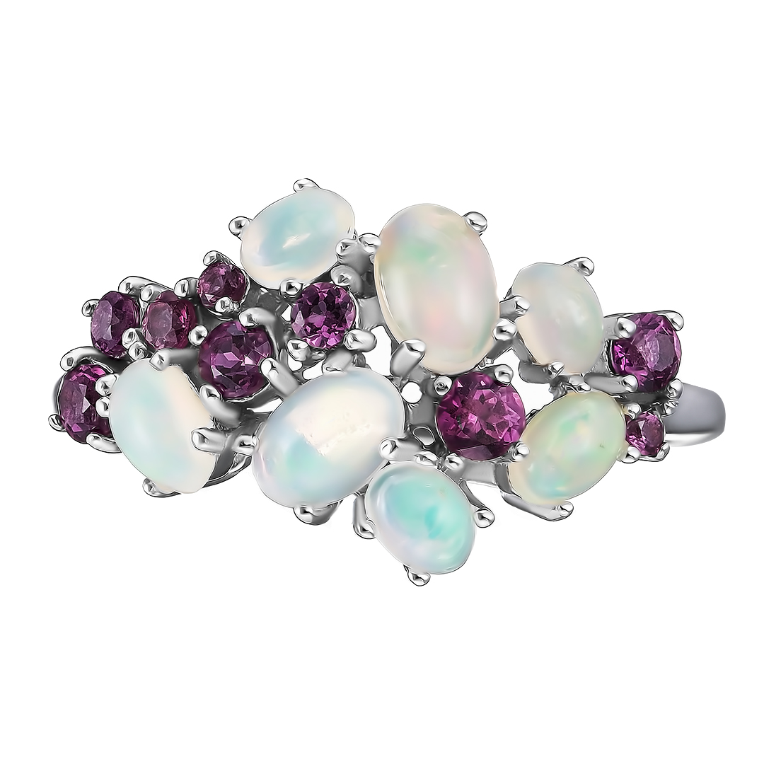 Серебряное кольцо 925 пробы; вставки 7 Опал белый 1,2 ct; 9 Родолит 0,58 ct;