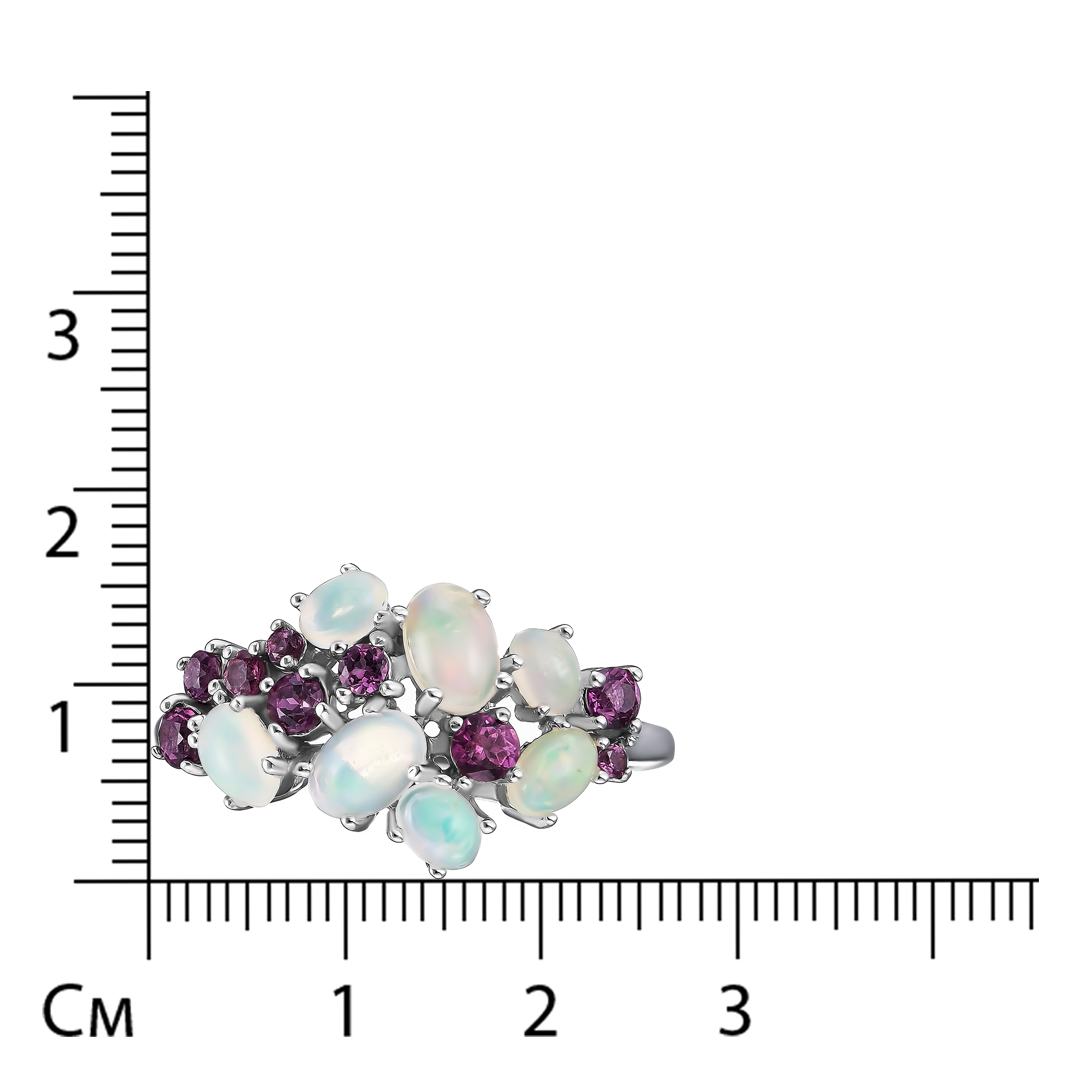 Серебряное кольцо 925 пробы; вставки 7 Опал белый 1,2 ct; 9 Родолит 0,58 ct;