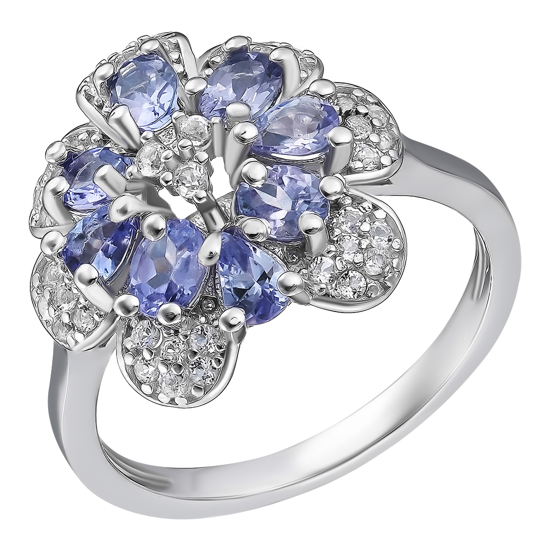 Серебряное кольцо 925 пробы; вставки 8 Танзанит 1,325ct; 67 Топаз белый 0,712ct;