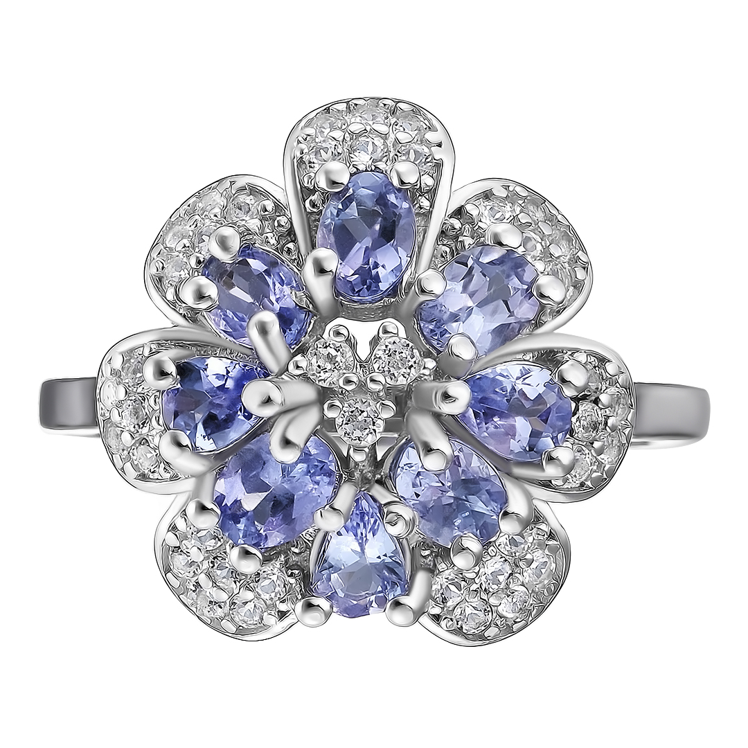 Серебряное кольцо 925 пробы; вставки 8 Танзанит 1,325ct; 67 Топаз белый 0,712ct;