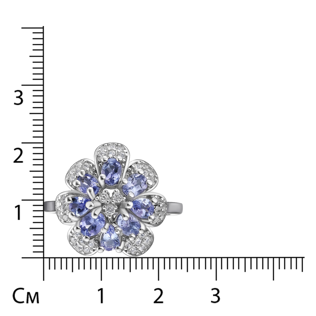 Серебряное кольцо 925 пробы; вставки 8 Танзанит 1,325ct; 67 Топаз белый 0,712ct;