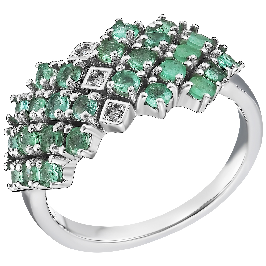 Серебряное кольцо 925 пробы; вставки 26 Изумруд (О) 4/3 1,248ct; 3 Топаз белый 0,03ct;