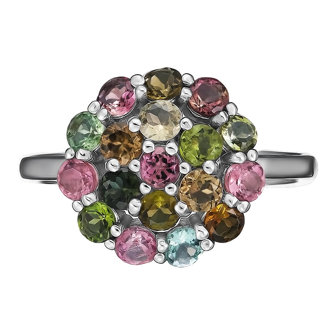 Серебряное кольцо 925 пробы; вставки 18 Турмалин разноцв.;
