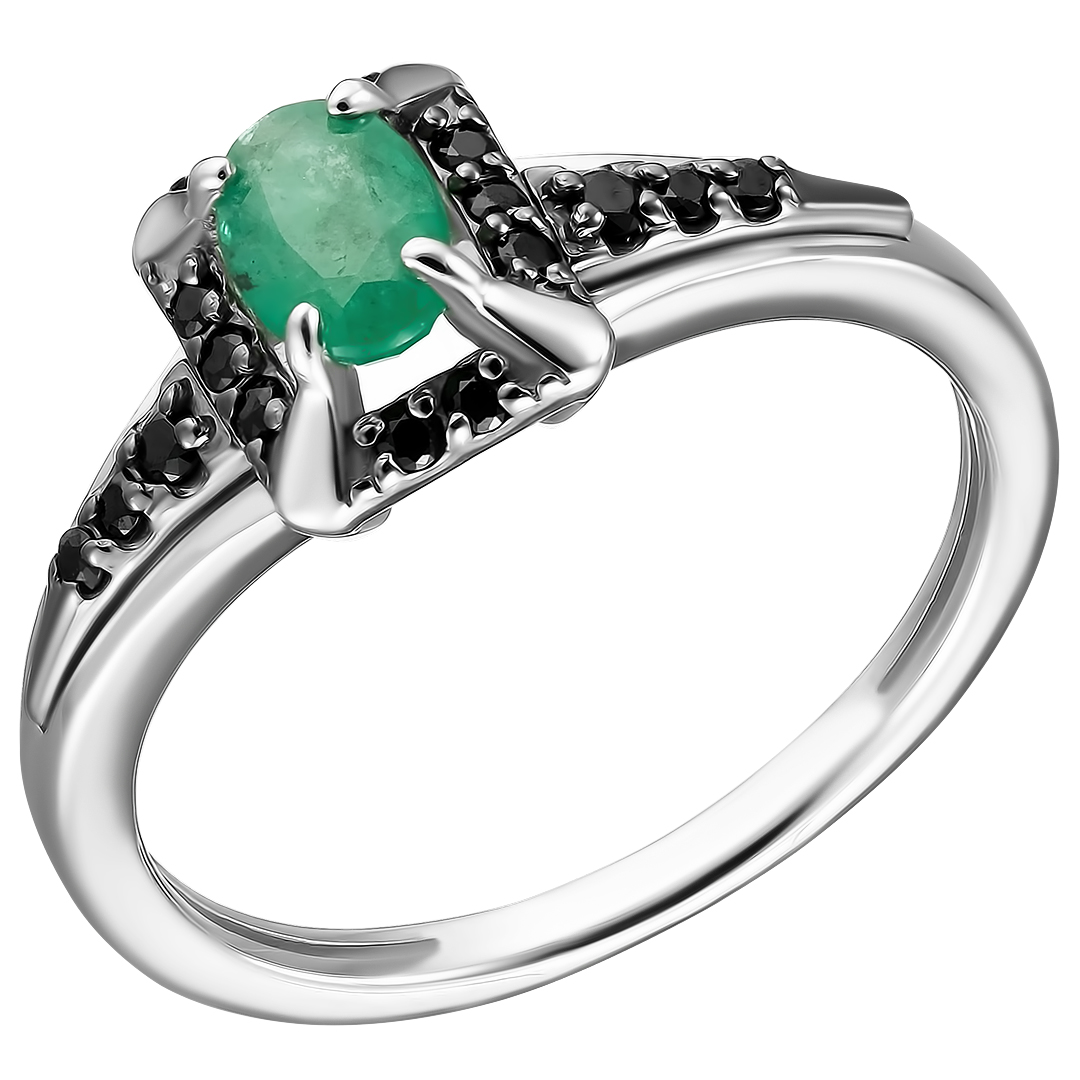 Серебряное кольцо 925 пробы; с чернением; вставки 1 Изумруд 0,442 3/3; 16 Шпинель черн.;